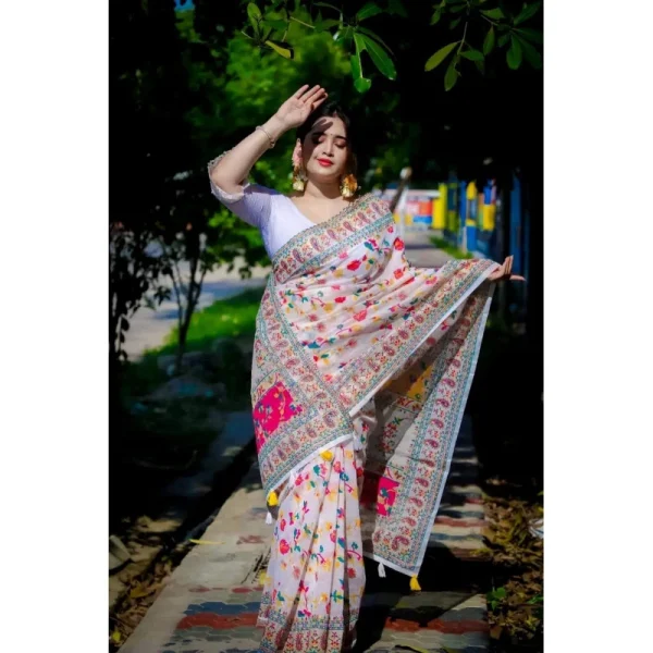 Half silk saree white screen print