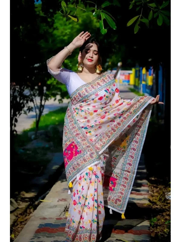 Half silk saree white screen print