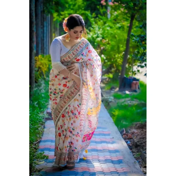 Half silk saree white screen print