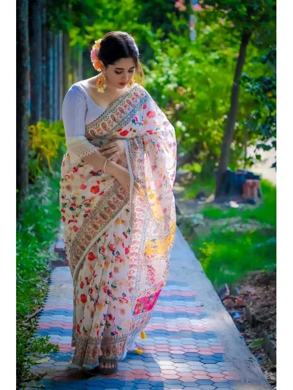 Half silk saree white screen print