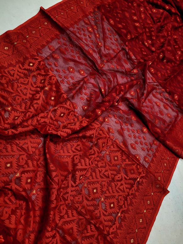 Jamdani Saree Half Silk Tancel Red Berry