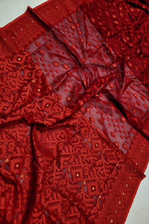 Jamdani Saree Half Silk Tancel Red Berry