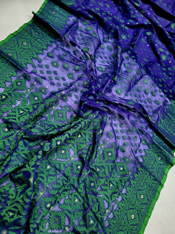 Jamdani Saree Half Silk Tancel Blue Bell and Forest Green