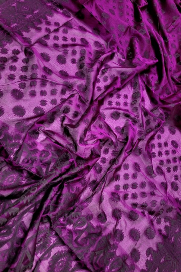 Jamdani Saree Half Silk Tancel Purplish Pink and Wine Berry