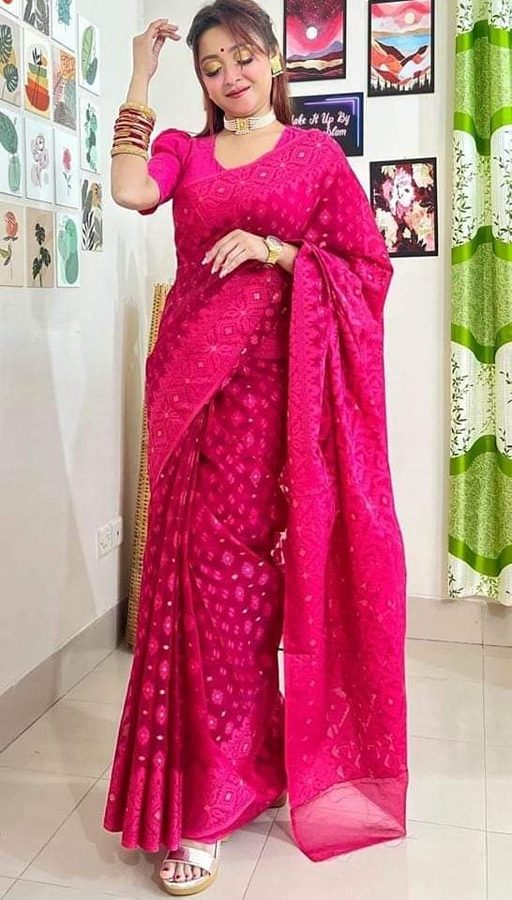 Jamdani Saree Half Silk Tancel Hot Pink 2