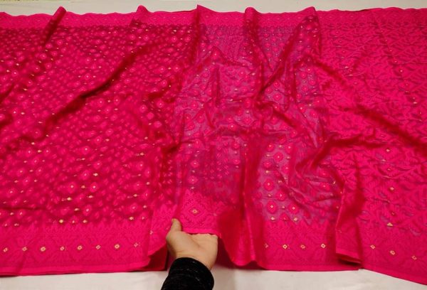 Jamdani Saree Half Silk Tancel Hot Pink 4