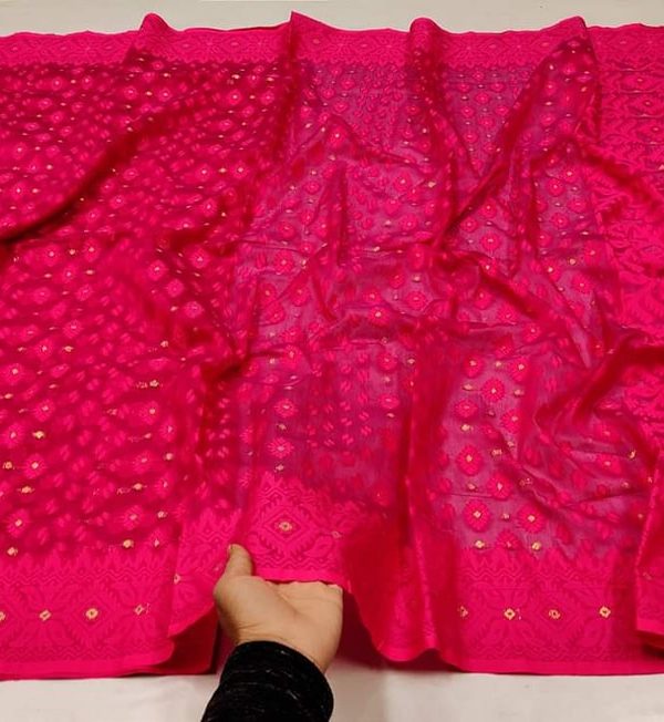 Jamdani Saree Half Silk Tancel Hot Pink 4