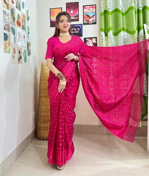 Jamdani Saree Half Silk Tancel Hot Pink