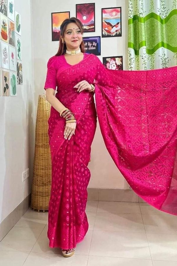 Jamdani Saree Half Silk Tancel Hot Pink