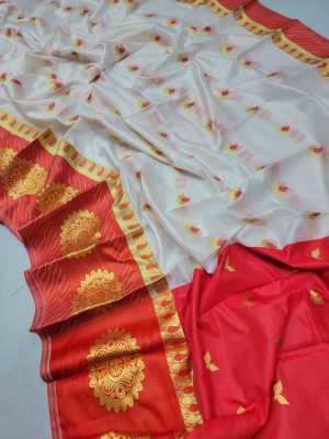 Katan Saree - White and Red 