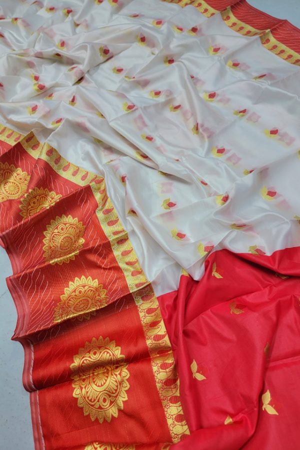 Katan Saree - White and Red